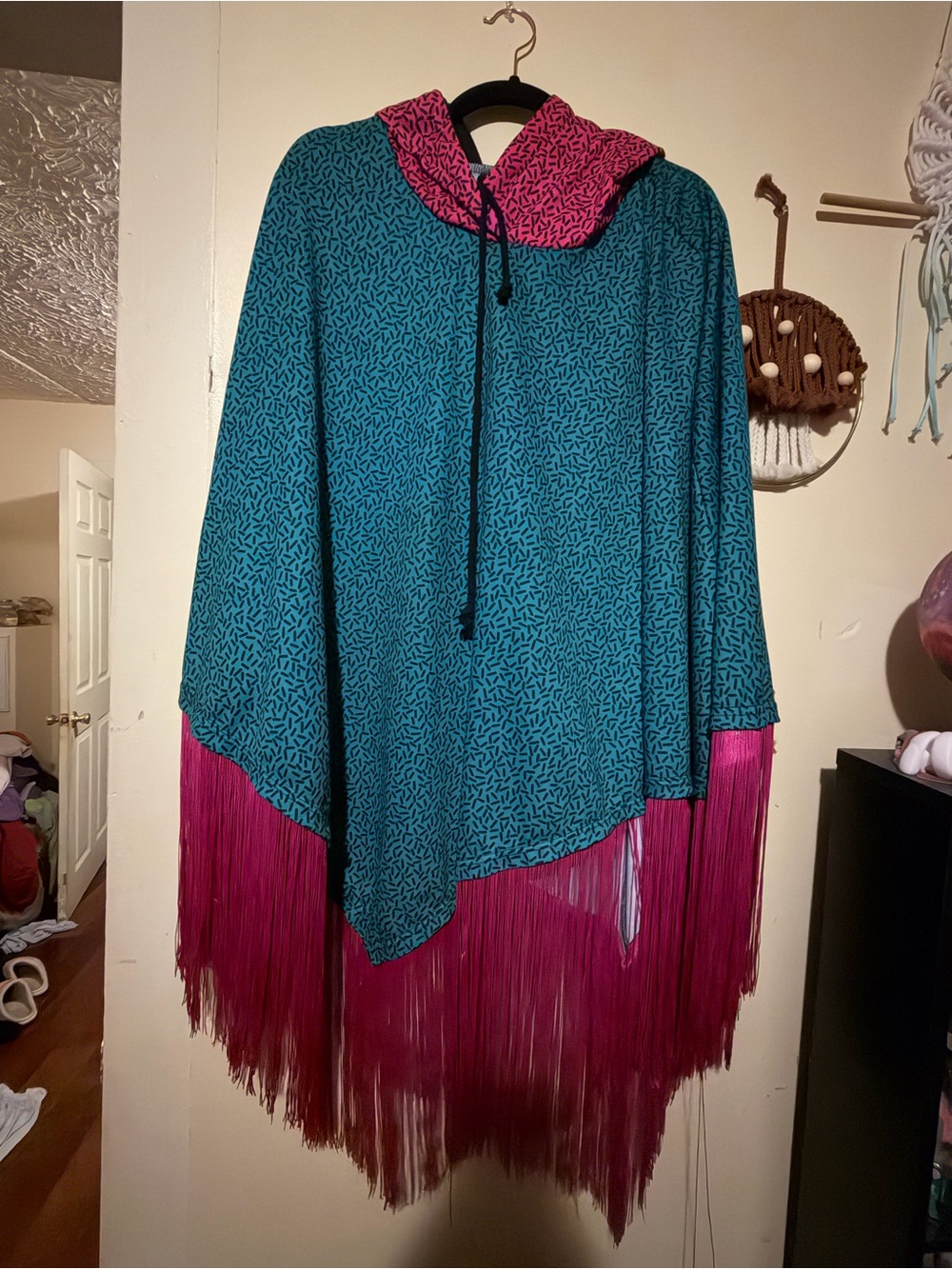 Club Exx Teal & Magenta Fringe Hooded Poncho